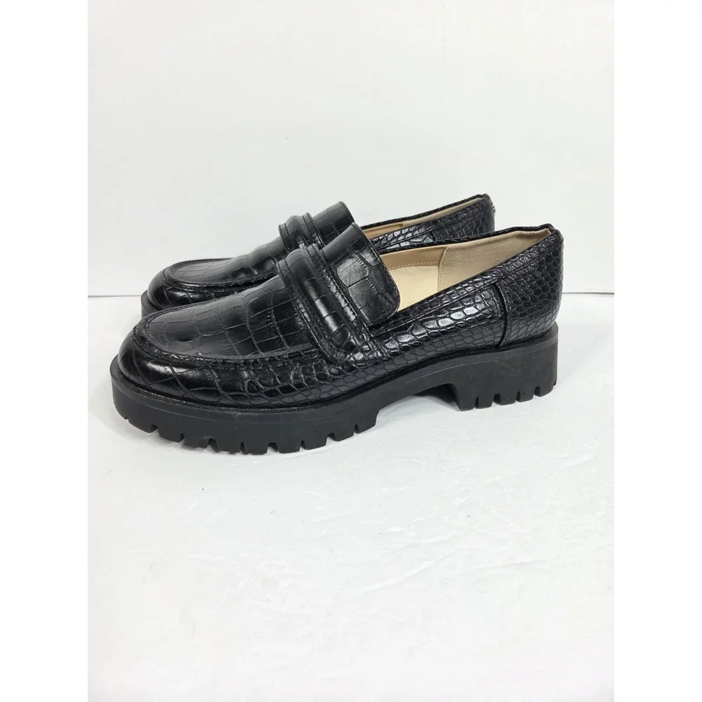 Nine West Gury Black Croc Embossed Lug Sole Loafer Wmn 9.5  Y2K Style Chunky